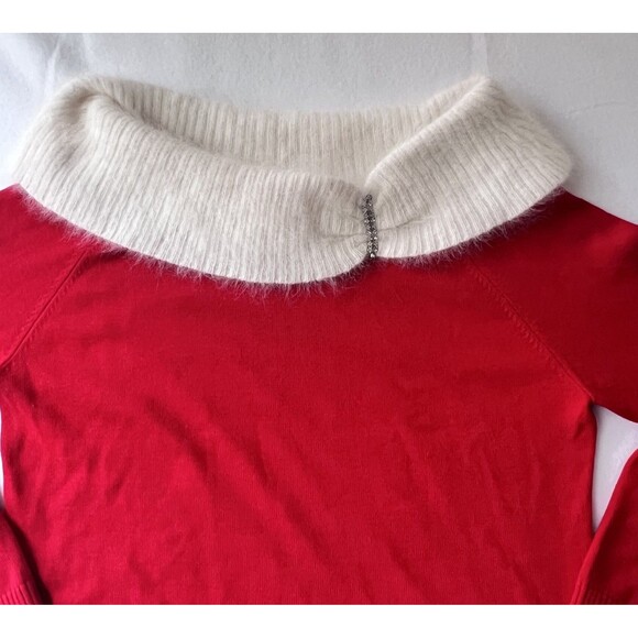 Berek Christmas Mrs. Claus Sweater Fur Cowl Neck Red Ivory Pullover Sequin XL - Picture 4 of 15